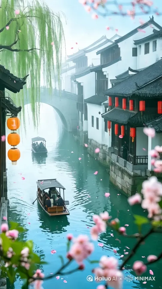 船动，垂柳摇动，水面涟漪，[左移，右摇]。 by Hailuo AI Video Generator