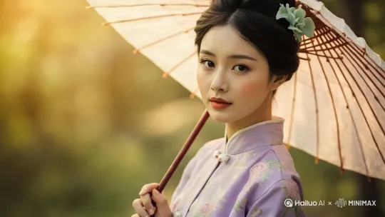 漫步在阳光照耀下的树林，偶尔有花瓣飘落下来[推出,上升,下摇] by Hailuo AI Video Generator