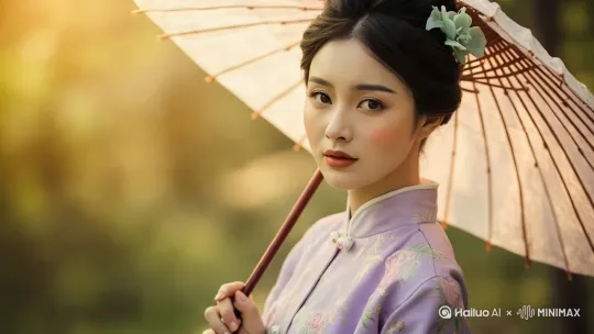 动漫风格的漫步在阳光照耀下的树林，偶尔有花瓣飘落下来[推出,上升,下摇] by Hailuo AI Video Generator
