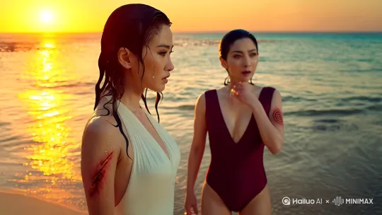 海浪在夕阳下碎成金箔，两位亚洲影坛的顶级美人正在浅滩对峙。林志玲象牙色连体泳衣勾勒出九头身曲线，发梢滴落的水珠折射着琥珀色霞光，右肩三道新鲜抓痕渗出细小血珠。范冰冰抹去唇角的咸涩，酒红色深V泳装随呼吸起伏，左腕被对方指甲划出的月牙形伤痕正隐隐发烫。

珊瑚礁的阴影里，范冰冰突然发力前冲，浪花在足尖绽开银箭。林志玲侧身闪过，反手扣住对方手腕的瞬间，冰凉的海水灌进彼此泳衣缝隙。她们像两尾交缠的人鱼在浪涛中沉浮，珍珠母贝项链崩断的脆响淹没在涛声里。范冰冰扯住林志玲湿透的长发，却瞥见对方膝盖上未愈的拍戏擦伤，动作突然凝滞。

"你弄疼我了。"林志玲的台湾腔带着喘息，海藻般的黑发缠住范冰冰涂着珊瑚色甲油的手指。潮水漫过腰际，某种隐秘的刺痛在两人相贴的肌肤间流窜——不知是海盐渗入伤口，还是某种更尖锐的情绪在黄昏里发酵。远处传来剧组人员的呼喊，她们同时松手，碎钻般的水珠从睫毛坠落。 by Hailuo AI Video Generator