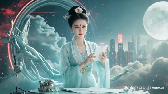 主播开口说话，表情微笑，手适当摆动，镜头先右摇，同时慢慢推进，最后固定运镜 by Hailuo AI Video Generator