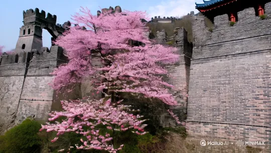 观赏明长城遗址观赏桃花场景，沧桑与柔美碰撞：斑驳城墙在粉白桃花掩映下，形成「铁血柔情」的视觉冲击
时空穿越感：明代烽燧遗址与千年桃树共生，花瓣飘落时恍见戍边往事
山野生命力：野生山桃从城墙裂缝顽强生长，诠释「废墟上的绽放」时长一分钟 by Hailuo AI Video Generator