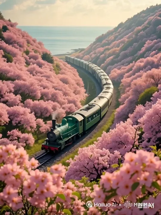 火车头拉着一节节车厢行驶。 by Hailuo AI Video Generator