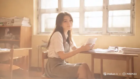 缓缓推近，女孩放下书，撩了一下耳边的头发，露出耳朵 by Hailuo AI Video Generator