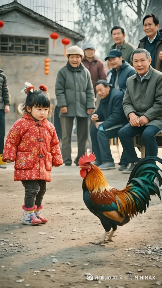 小女孩左腿猛地一蹬地，高高跃起，右脚如旋风般扫向公鸡的头部。公鸡机灵地低头闪躲，同时猛地向前一冲，用头顶向小女孩的腹部。小女孩左拳一招右拳则如雷霆万钧之势直击公鸡的侧身。公鸡侧身一扭，避开拳头，公鸡跳起来施展出迅猛的连环踢猛踢向小女孩。小女孩迅速抽回手，公鸡突然高高跃起，向小女孩踢去，小女孩趁公鸡落地未稳，飞起一脚踢在公鸡的后腿上，他们的招式刚柔并济，时而是刚猛的直拳，时而是柔美的转身回旋踢。其它的人都站起身来鼓掌呐喊。 by Hailuo AI Video Generator