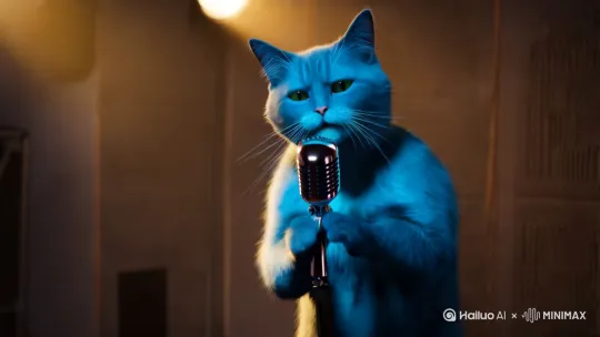 一个蓝色的猫拿着麦克风深情的唱歌 by Hailuo AI Video Generator