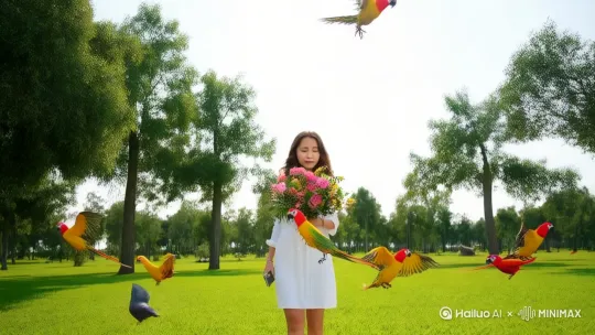 图片中长头发，头发波浪线的女孩，走在一个宽敞明亮的草坪中间小路上，手里拿着一束花，在一边走一边拍照手里的话，附近有几棵树，书上有鹦鹉在不停的鸟叫，还有几个鸟飞在空中，天上很灿烂，突然她后背长出翅膀，天使一样飞走了。 by Hailuo AI Video Generator
