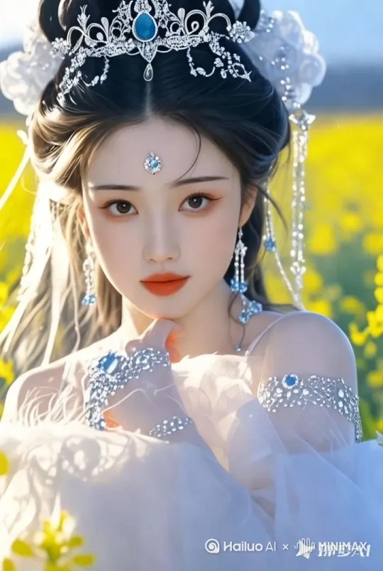 摘下一朵油菜花，放在鼻子处闻 by Hailuo AI Video Generator