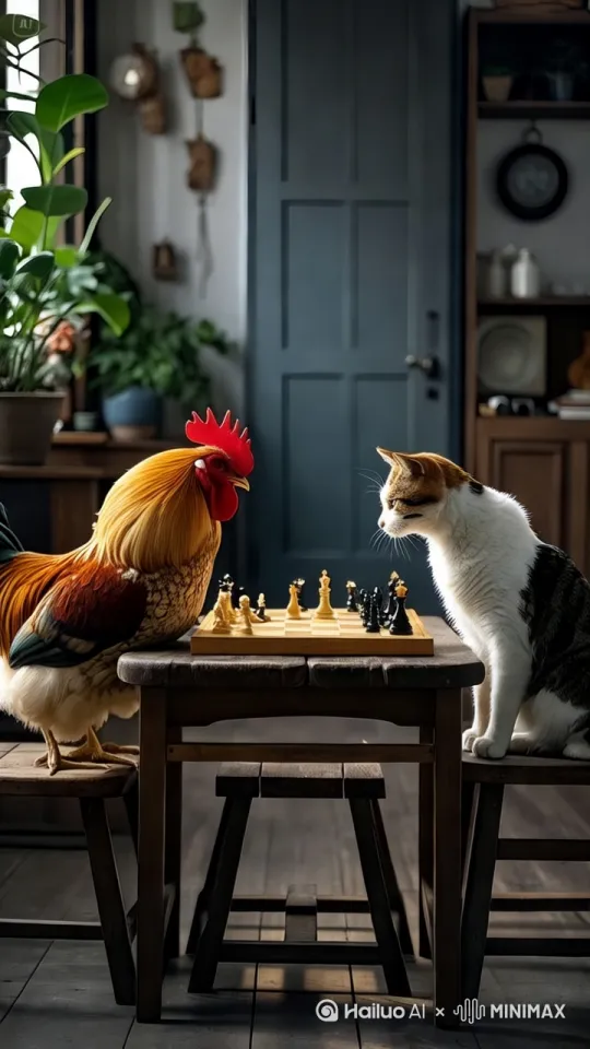 一只公鸡坐在凳子上和一只三花猫坐在凳子上，中间一张桌子上摆着棋子下棋，聚精会神考虑下棋步骤，公鸡突然对三花猫发起了攻击，打斗及其剧烈，各种武术招式，画质高清，镜头跟随 by Hailuo AI Video Generator