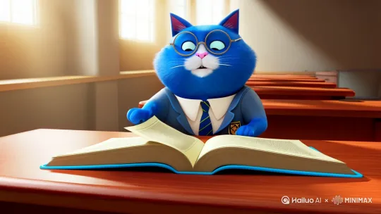 穿着校服戴着眼镜的蓝色胖猫在学校里看书 by Hailuo AI Video Generator