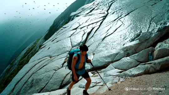 蝉鸣撕扯着七月闷热的空气，陈岩的登山杖第三次戳进碎石缝里。汗水顺着脊椎滑进裤腰，在后背画出一道蜿蜒的溪流。青崖山的北坡像被巨斧劈过，裸露的灰白色岩壁在烈日下泛着金属光泽，每块凸起的石头都烫得能烙饼。

背包带勒进肩胛骨的凹槽，那里早磨出一圈暗红的血印。陈岩扯了扯黏在胸口的速干衣，布料和皮肤分离时发出轻微的"嗤啦"声。他盯着十米外那块龟背纹花岗岩——那是第三十七个标记点，岩缝里卡着半瓶结霜的矿泉水，瓶身用马克笔画着歪扭的笑脸。

"还剩...六百米。"喉结滚动带起一阵刺痛，水壶里最后一滴水早在半小时前就蒸发了。右腿突然抽筋，他踉跄着扶住崖壁，掌心蹭过粗粝的岩面，火辣辣的疼。松树油脂混着汗酸味钻进鼻腔，这味道让他想起两年前玉龙雪山的风，想起登山队解散时老王拍在他肩上的那掌，想起背包挂饰的冰镐吊坠——此刻正在他眼前晃荡，金属边缘把阳光折射成细碎的金针。

膝盖开始不受控地打颤，像有无数蚂蚁在啃噬半月板。陈岩数着心跳，第一百三十七下时终于挪到花岗岩旁。矿泉水瓶里的冰块早已化成温水，他舔了舔干裂的嘴唇，把瓶子倒转过来。一滴水珠悬在瓶口，将落未落时，山风卷着松针掠过，带走了这枚摇摇欲坠的珍珠。

岩壁突然震颤起来，原来是他的小腿肌肉在痉挛。陈岩蜷缩成虾米状，额头抵着滚烫的岩石，防晒霜混着汗水淌进眼睛。疼痛像潮水漫过脚踝，他忽然听见自己的笑声——那年他们在四姑娘山迷路，老王就是用这种抽搐的姿势讲冷笑话。记忆里的雪粒扑在面罩上，和此刻滚落的汗珠有着相同的重量
背包侧袋的指南针发出咔嗒轻响，陈岩撑起身子时，看见自己投在岩壁上的影子正在融化。西斜的太阳给云层镶上金边，山风送来更高处松林的呜咽。他摸了摸冰镐吊坠，金属表面残留着体温。当指甲掐进掌心带来尖锐的清醒，他忽然闻到某种清冽的气息——不是汗味也不是松脂，而是藏在高山苔藓里，只有登顶者才能捕获的，雪线的味道。 by Hailuo AI Video Generator