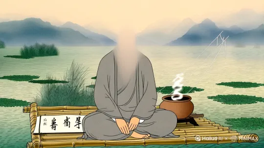 画面描述：
灰袍隐士盘坐竹筏垂钓，身旁陶炉煮茶，竹简摊开书“吐纳”篆字。背景为晨雾湖泊，远山淡花青泼墨晕染，近处芦苇焦墨扫笔，水面浮萍石绿没骨点簇，鱼线钛白游丝描勾勒涟漪。
绘画提示：
隐士面部留白突出须眉，衣袍淡墨渍染显粗麻质感；陶炉青灰皴擦显陶土肌理，茶烟钛白螺旋笔法。竹简细笔双钩文字，鱼竿弹性用游丝描表现。远山泼墨衔接留白雾气，浮萍分组疏密布局，水面波纹淡墨侧锋拖笔如绸[1,2](@ref) by Hailuo AI Video Generator