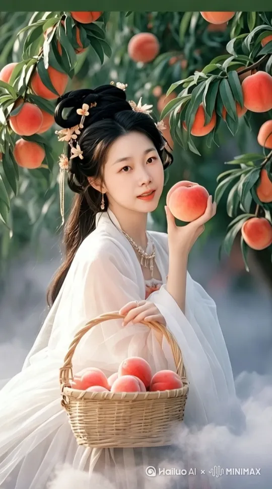 低角度仰视，桃林全景笼罩在金色晨光中，镜头推近至仙女半身特写，环绕360度跟拍仙女伸手摘桃的动作，指尖触碰桃子时慢镜头特写，水滴和花瓣飘落，镜头拉远展示仙女手持仙桃站在发光的树下，背景云雾流动，镜头顺时针旋转。 by Hailuo AI Video Generator
