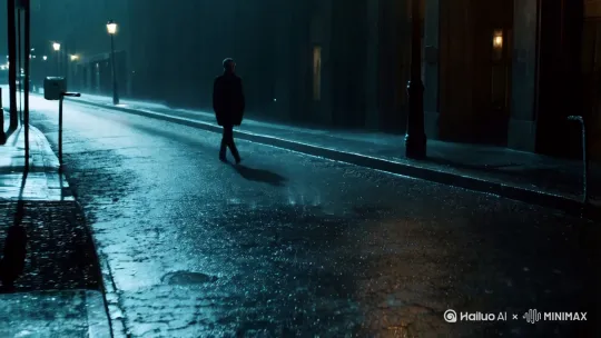 一个人很孤独在雨天的大街上走着，直至看到面前的一盏明亮的路灯[推出,上升,下摇] by Hailuo AI Video Generator