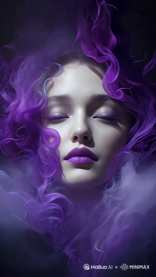 视角：图片采用了正面视角，直接聚焦于女性的面部，特别是眼睛和嘴唇，强调了表情和情感的传达。慢慢睁开眼睛，构图：烟雾的流动和分布引导视线集中在女性的面部，尤其是眼睛和嘴唇，这些是传达情感的关键部位。 by Hailuo AI Video Generator