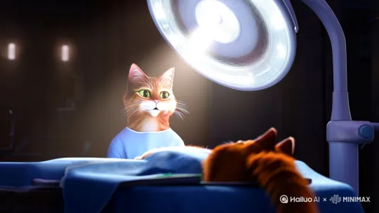 一只猫咪像一个医生一样穿着手术服在手术室无影灯下给一只猫咪做手术。[左移,右摇,跟随] by Hailuo AI Video Generator