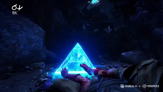 prompt: first-person falling perspective, collapsing cobalt mine, dust and blood-stained gloves gripping glowing crystal pyramid, cyberpunk lighting with neon blue radiation glow, hyper-realistic debris details, Unreal Engine 5 rendering, 8k, motion blur --ar 16:9 by Hailuo AI Video Generator