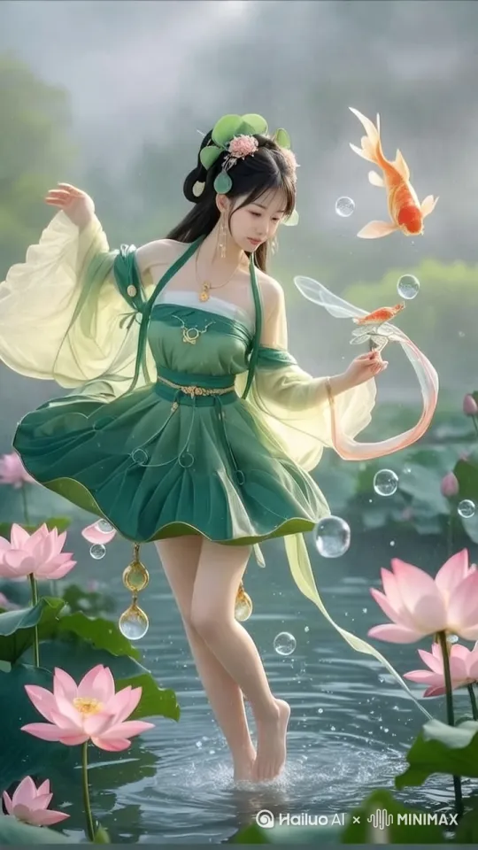 `360度旋转升格镜头，仙女悬停荷花间，手指引锦鲤绕身游动，荷叶裙摆随转身展开如花瓣。`美女发丝飞扬，面露微笑，注意面部不扭曲，不变形。荷花，菏叶如微风吹过跟着晃动， by Hailuo AI Video Generator