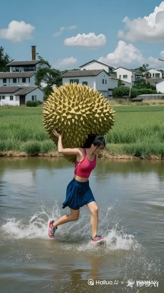 无人机视角，镜头移动，动态跟随，人物动起来，在水面上飞快奔跑，跑向远方 by Hailuo AI Video Generator