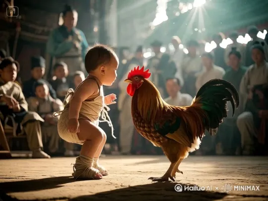 "鸡和人史诗般的暴力打斗场面，
镜头限随图片中的人和鸡拳打脚踢。
快速暴力动作片，人和鸡的生死战，
电影级，人和鸡拳打脚踢动作非常快速，
鸡和人打出幻影" by Hailuo AI Video Generator