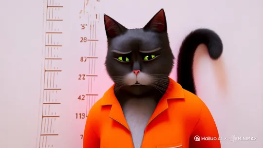 一只拟人化的猫穿着亮橘色连体囚服，站在带有刻度标记的白色身高测量墙前。它手持一块牌子，表情严肃，眉头微蹙，眼神直视前方，透露出一丝无奈与不解。尾巴从身后优雅地伸出，微微卷曲，增添了几分生动感。背景是一面简洁的白色墙壁，仅有的刻度线增加了画面的秩序感。近景特写，平视视角，捕捉到猫咪微妙的情绪变化 by Hailuo AI Video Generator