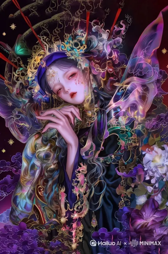 发丝、服饰飘动，人物眨眼，流体流动，流光溢彩，人物背后翅膀扇动，手轻微摆动 by Hailuo AI Video Generator