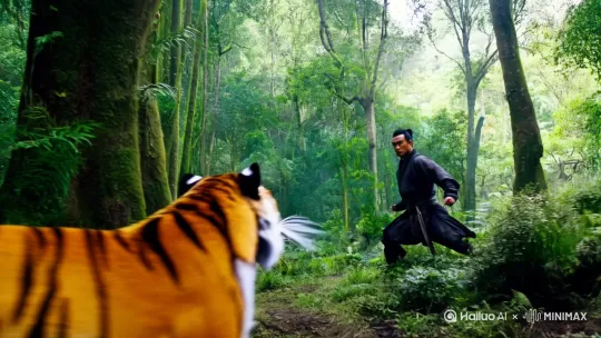 在森林里面，，武松打虎，老虎从对面扑过来，[推进,上升]武松一拳打在老虎的肚子上，[左移,推进,右摇]高清，细节清晰可见 by Hailuo AI Video Generator