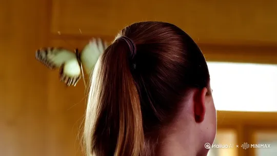 一只蝴蝶腾空飞起，翩翩飞舞
慢慢降落在女孩子的马尾辫上，变成了一个美丽的发卡[上摇,跟随,下降] by Hailuo AI Video Generator