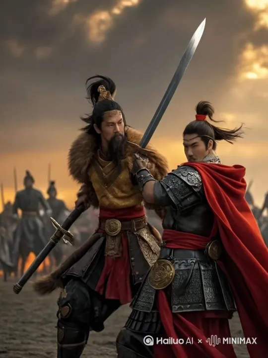 中景-环绕镜头，镜头跟随，动态移动，激烈打斗，
画面：吐蕃将领持曲刃砍刀劈向唐将，刀身天铁纹路在碰撞中迸发火星，牦牛毛披风在气浪中翻卷
兵器对抗细节：
- 第1回合：吐蕃刀15度弧刃卡入唐横刀血槽，金属摩擦产生高频啸叫
- 第2回合：唐将旋身用刀环击碎吐蕃护心镜（镜背錾刻大昭寺建造场景）
- 决胜时刻：吐蕃将领突然甩出骨朵配重球，钢链缠绕唐将刀柄（苯教法器改造技法） by Hailuo AI Video Generator