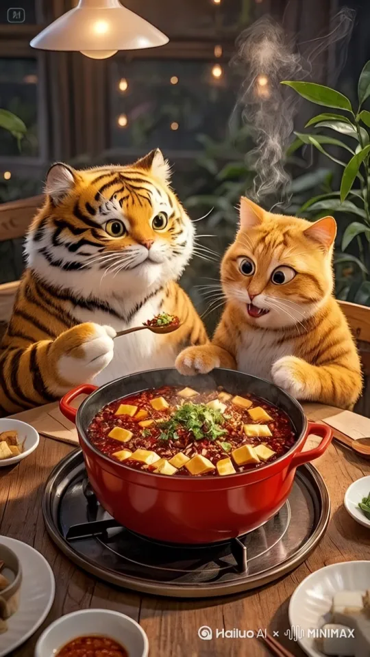小猫拿着勺子喂胖猫吃，胖猫张大嘴巴的吃，开心地吃着麻辣豆腐，脸上露出满足的神情，画面渐暗。 by Hailuo AI Video Generator