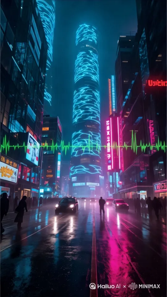 焦虑都市夜景，玻璃幕墙反光雨滴，手持摄影晃动感，王家卫霓虹色调，心电图波形叠加。手持晃动，快速变焦 by Hailuo AI Video Generator