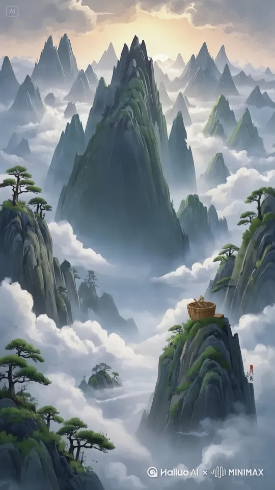 动态元素：云雾缓慢流动，山巅松枝轻微摇曳。[推进,上升]画面主体动态呈现自然 by Hailuo AI Video Generator