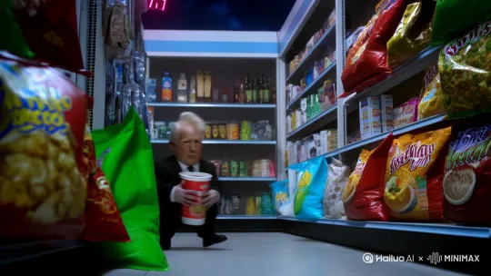 This man is a small dwarf ，Big-head dwarf sneaking into a giant convenience store at night, hiding behind snack bags 10x his size, holding a huge instant noodle cup like a treasure, expression exaggerated and mischievous — night setting, perspective distortion, (comedy adventure)(cinematic)(urban fantasy) by Hailuo AI Video Generator