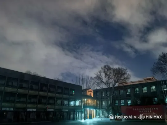 主题为校园夜空的照片，主体为教学楼剪影，星光璀璨的深蓝色天空，月光柔和照亮云层边缘，高清广角镜头拍摄，地面散落着零星路灯光晕，远处树影随风摇曳，银河若隐若现，使用长曝光技术呈现星轨流动感。 by Hailuo AI Video Generator
