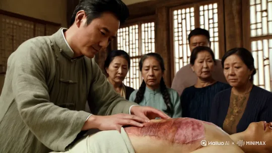 东东汉医学家张仲景正在医馆为一位褥疮病人诊脉，患者家眷陪同[左移,上升] by Hailuo AI Video Generator
