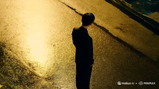 生成一个中国小伙子在深夜的大街上，一身黑色西装，下着小雨，无人机视角镜头拉进，转头看着下方，侧脸微微一笑 by Hailuo AI Video Generator