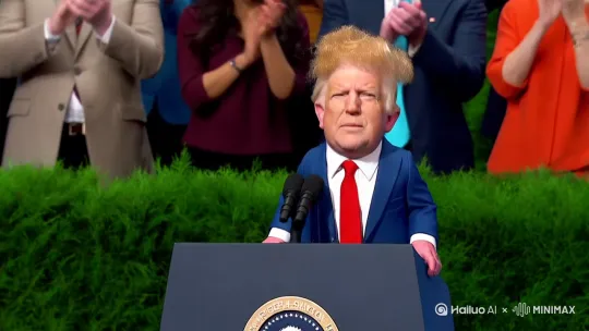 This man is a small dwarf，dressed in a tiny suit with a fluffy blond wig, stands at a podium模仿Trump演讲，“I will build... a LEGO wall!”
新闻主播懵了，观众欢呼，背后白宫变成卡通积木，(political parody)(miniature president)(funny press conference) by Hailuo AI Video Generator