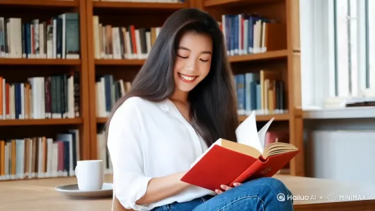 女生穿着白衬衫牛仔裤，在图书馆内看书，专注，发现镜头拍自己后露出笑容，挥手打招呼，镜头平视，半身 by Hailuo AI Video Generator