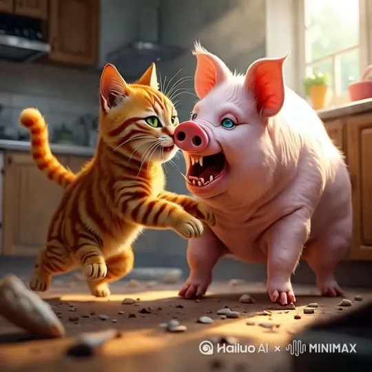 猫和猪史诗般的暴力打斗场面，镜头限随图片中猫和猪拳打脚踢。快速暴力动作片，猫和猪的生死战，电影级，猫和猪拳打脚踢动作非常快速，鸡和人打出幻影 by Hailuo AI Video Generator
