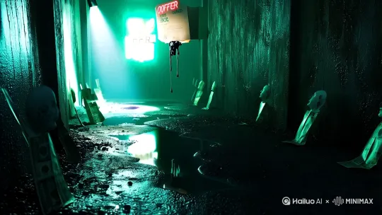青绿色阴间滤镜，潮湿发霉的墙壁，霓虹灯牌破碎闪烁“急诊室”，地面水洼倒影纸扎人腐烂真身，走廊尽头悬浮外卖箱渗出黑色粘液，手机手电筒光束中飘浮冥币灰烬，赛博朋克+克苏鲁风格混合`  
**关键细节参数**：  
- 光线：主光源为外卖员手机冷白光，次级光源为走廊霓虹灯（RGB色值：#00FF9D）  
- 材质：墙壁霉菌用4K贴图（参考《生化危机》霉菌纹理），冥币灰烬粒子密度70%  
- 动态元素：每隔3秒有纸钱从天花板飘落，接触地面后化为血滴 by Hailuo AI Video Generator
