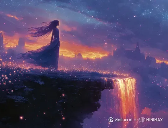 [推进,上升]画面女主 长发长裙与地面花朵动态随风飘扬   崖边光芒瀑布动态流动 by Hailuo AI Video Generator