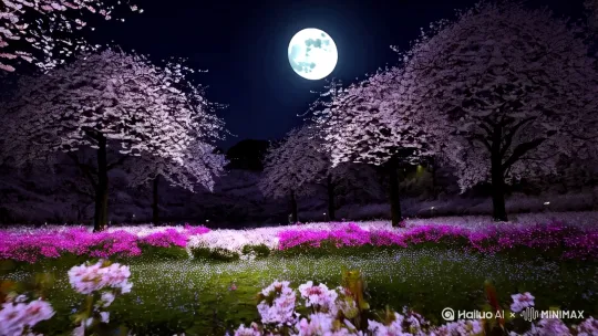 夜晚月亮挂在天上，樱花从树上落下地上花朵随风飘摇，还有萤火虫飞在花中 by Hailuo AI Video Generator