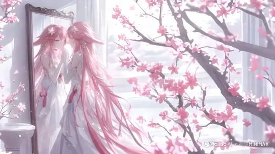 超高清8K CG渲染，唯美动漫风格，静态构图场景：
主体：粉色长发少女（发梢渐变透明）站立在复古雕花全身镜前，保持优雅站姿静止。镜像同步系统：镜中倒影实时映射本体发丝运动轨迹，镜面有轻微涟漪效果。
动态元素：
1. 樱花粒子系统：3-5片半透明花瓣/秒从右上角飘落（流体动力学模拟），花瓣接触地面后渐隐
2. 发丝动力学：双马尾末梢15cm区域产生0.5Hz正弦波飘动（风力强度2级），发丝高光带RGB(255,182,193)光晕
3. 环境互动：每片花瓣接触头发时触发0.1秒的微光粒子特效
光照方案：
• 主光源：左侧柔光（5600K）在发丝边缘生成珍珠光泽
• 次光源：樱花树自发光花瓣（亮度200cd/m²）在背景形成光斑
• 体积光：空气中漂浮的微尘粒子形成丁达尔效应
渲染参数：
- 运动模糊等级：3
- 景深：f/2.8虚化背景
- 色彩分级：粉色调LUT（饱和度+15%） by Hailuo AI Video Generator