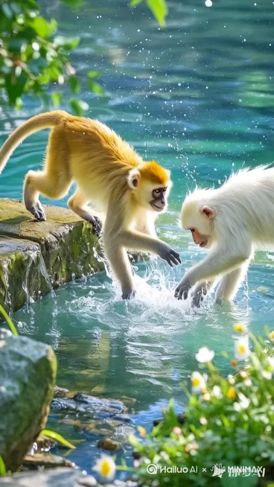 两只猴子在药水，向对方淋水[变焦推进] by Hailuo AI Video Generator
