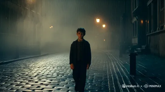 一个孤独的男孩 走在阴暗的街道 天上下着下雨脸上带着忧郁的表情。 显得特别孤独无助 by Hailuo AI Video Generator