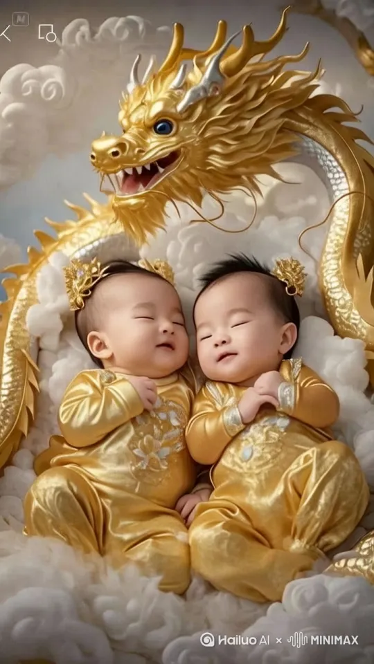 一条龙包裹着2个宝宝，宝宝睁开眼睛，面对镜头微笑，龙头下巴轻轻蹭着宝宝，固定镜头，眼睛灵动。 by Hailuo AI Video Generator