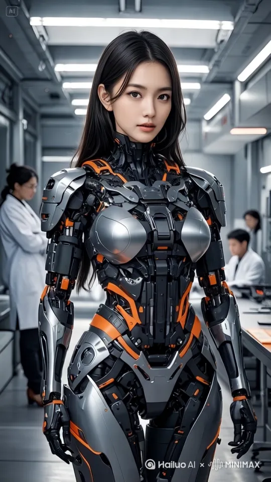 科学家们经过不懈的努力，终于完成新一代智能机器人的设计制作，这是美女智能机器人启动并成功激活，走过去和科学家们互动，人和机器人脸上都带着欣喜的表情… by Hailuo AI Video Generator