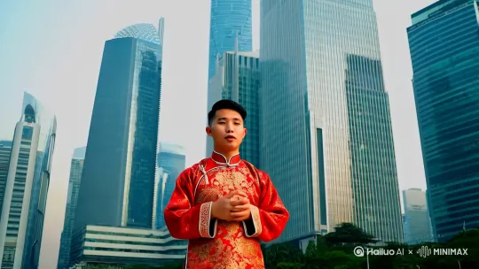 [固定镜头]一片髙[下降,上摇]一个身穿壮族服装的小伙子正开口说话，身后是高大的城市建筑群。 by Hailuo AI Video Generator