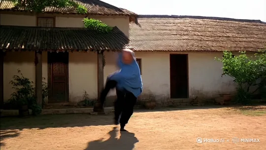 农家院里，一个中国老头，身穿蓝色布衫，用中国功夫向前一个空翻(右摇)，向前跑2步(右摇)，然后一个汗地拔葱向上跳到房顶上(上摇，下移)， by Hailuo AI Video Generator