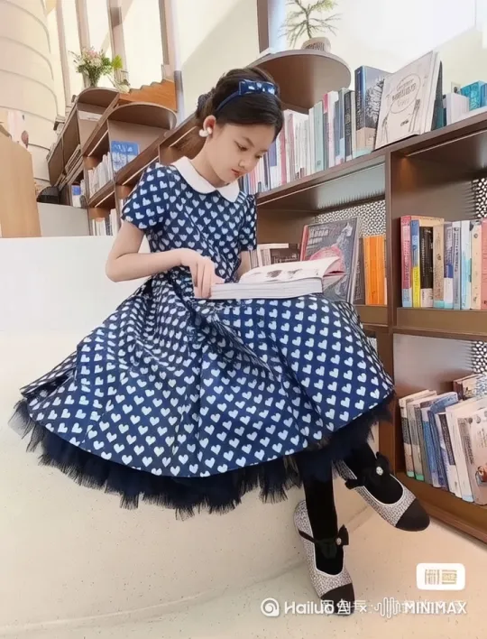 女孩站起来，把书放回右边的书架〔跟随〕〔左摇〕。右边的书架整个发出金光，出现一扇大大的光门，镜头出门，出现一片广袤的原野和远山 by Hailuo AI Video Generator